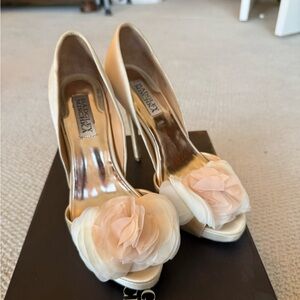 Badgley Mischka Ivory Satin Peep-Toe Heels with Blush Floral Appliqués